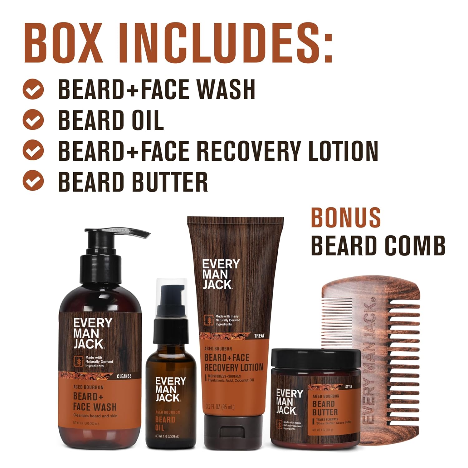 Every Man Jack Beard Essentials Gift Set for Men ¨C Complete Routine with 5 Full-Size Products ¨C Aged Bourbon Scent - Beard & Face Wash, Lotion, Oil, Butter & Comb