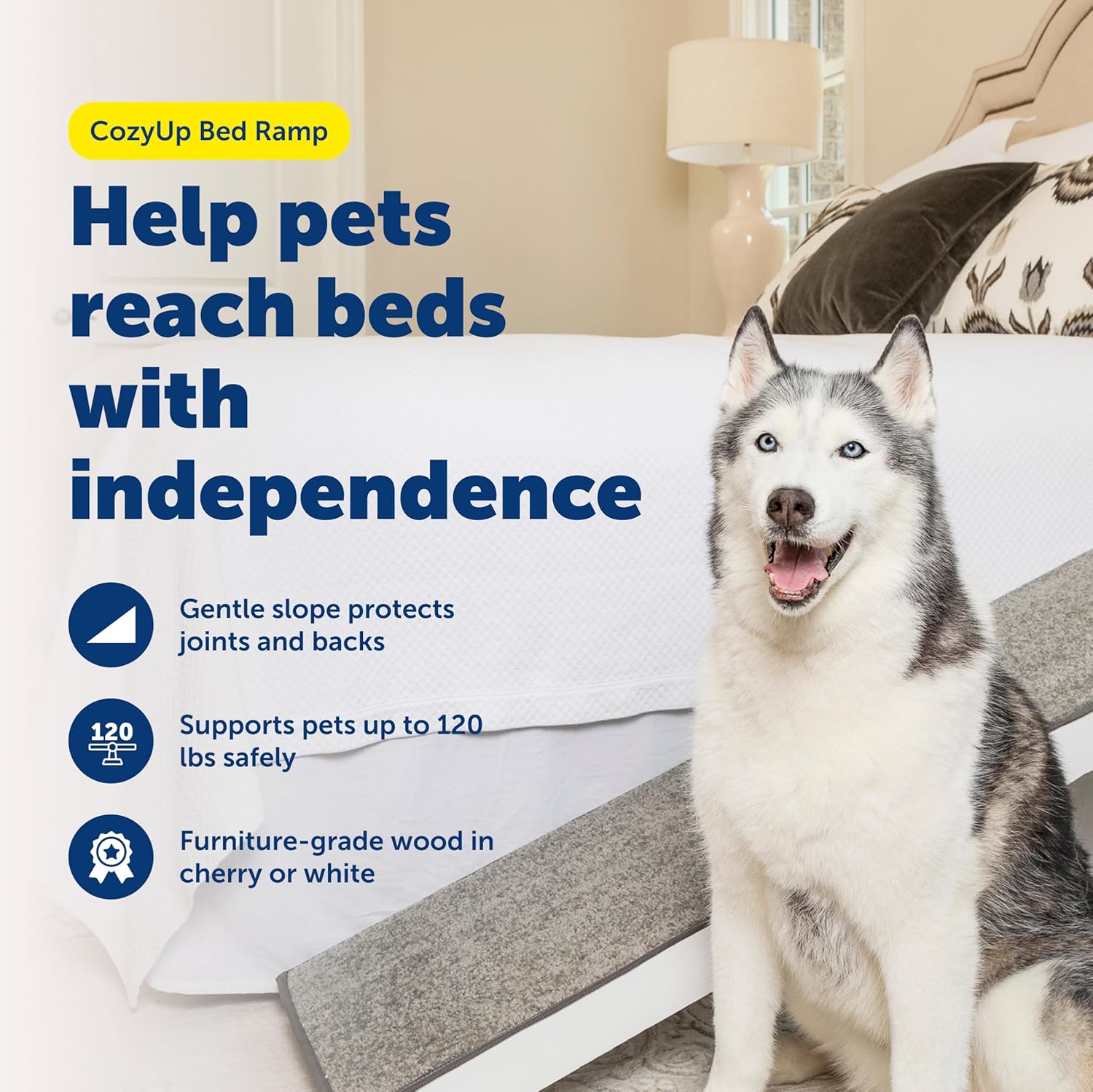 PetSafe CozyUp Bed Ramp - Supports Pets Back Joints - High Traction Carpet Surface - Furniture-Grade Wood - Cherry or White Finish - Heavy Duty Bed Access Ramp - White