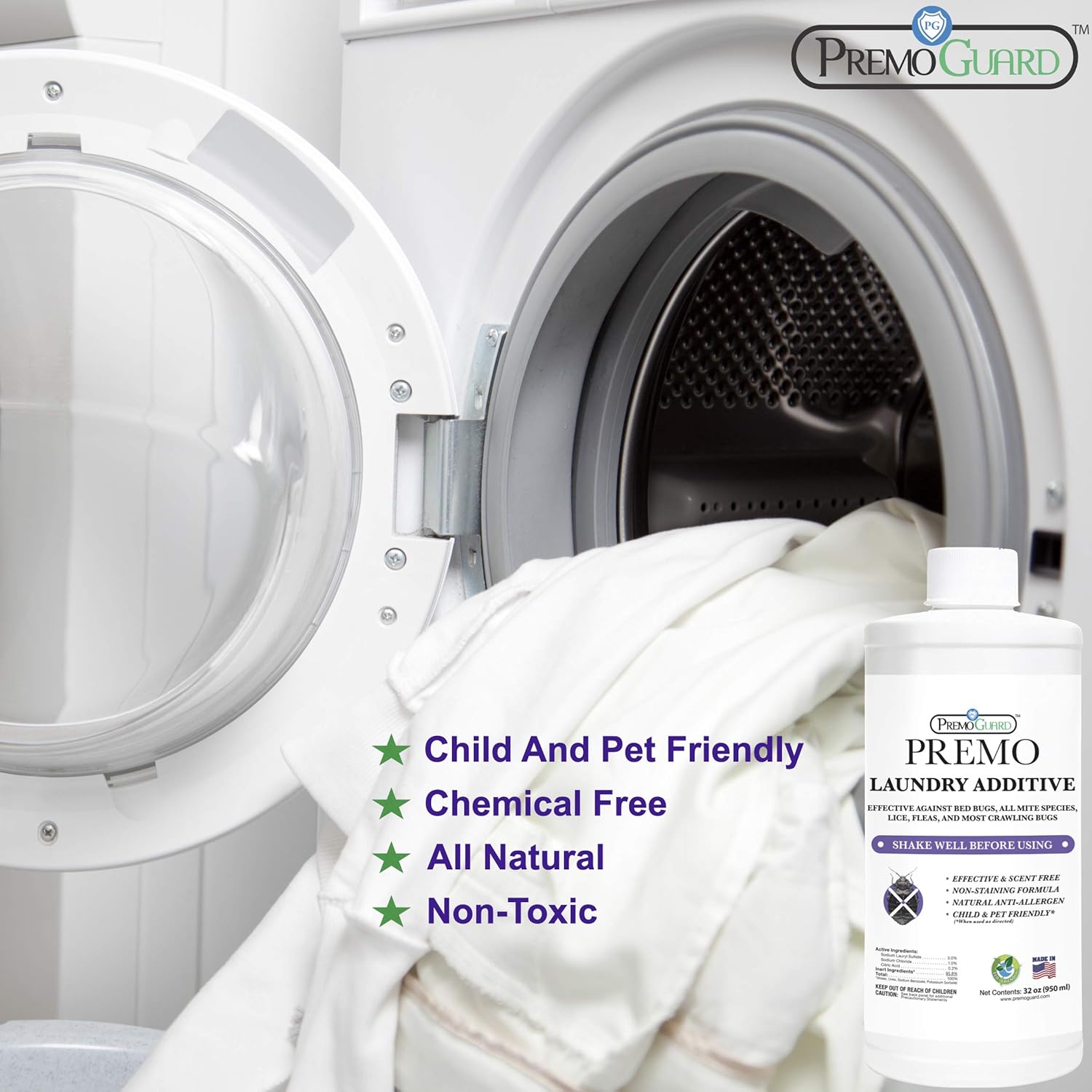 Bed Bug & Mite Laundry Detergent Additive by Premo Guard ¨C 32 oz ¨C Child & Pet Friendly ¨C Stain & Odor Free ¨C Best Natural Non-Toxin Treatment