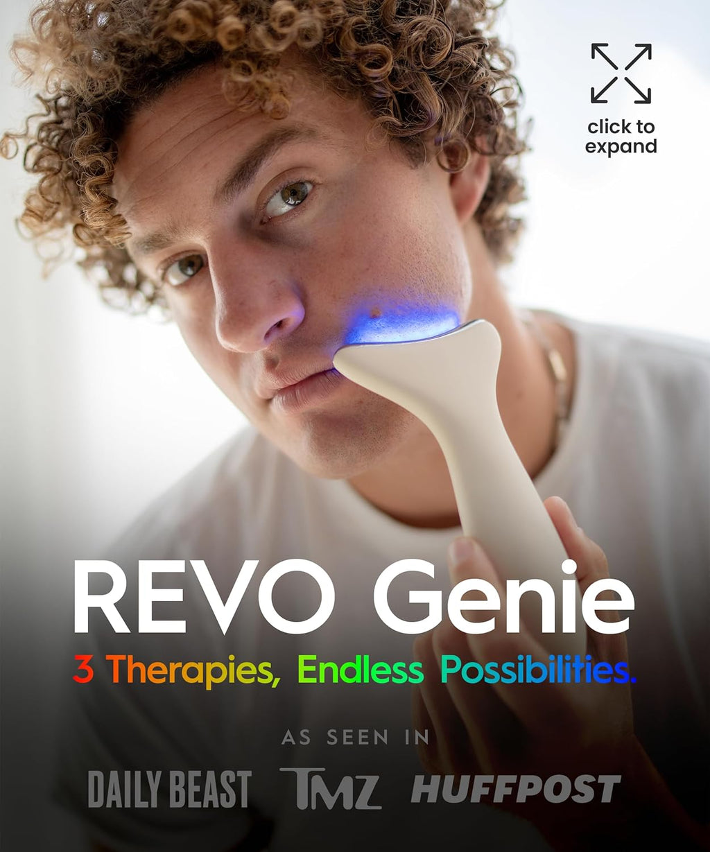 REV Geni 3-in- Fac Nec Beaut Massage wit Heat Ligh Therapies Smar Vibratio Re Light Blu Light Gree Ligh Therap fo Wrinkles Hyperpigmentation Acn Mor Beige