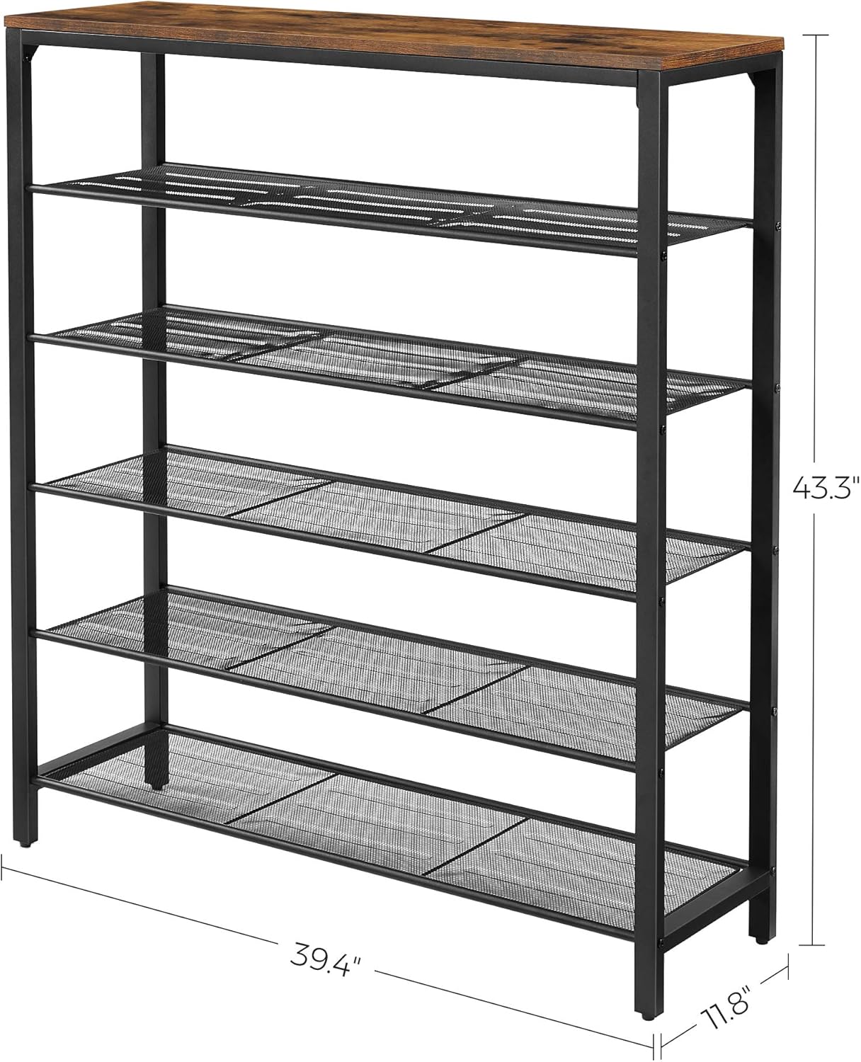 6-Tier Shoe Rack, Shoe Organizer for Closet, Entryway, 24-30 Pairs of Shoes, Large Shoe Rack Organizer with 5 Metal Mesh Shelves, 11.8 x 39.4 x 43.3 Inches, Rustic Brown and Black ULBS016B01