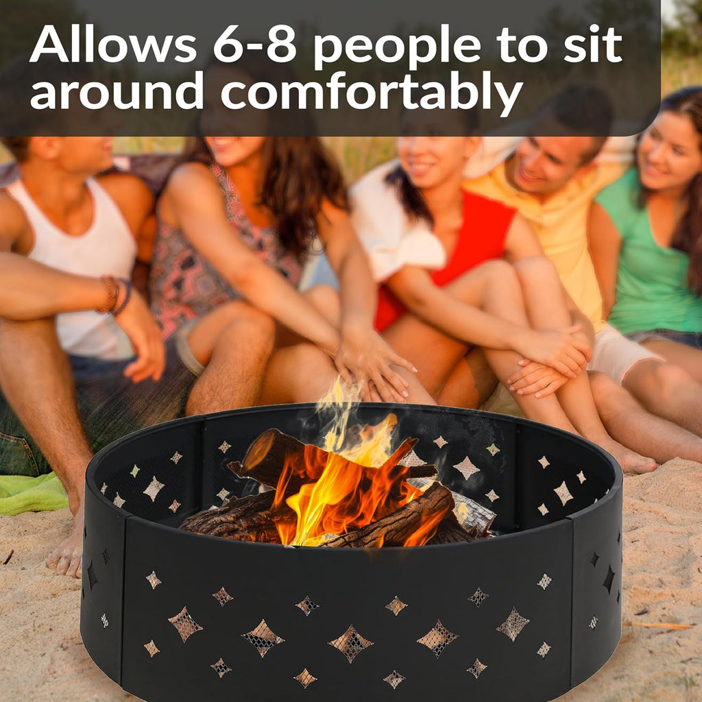 Sunnydaze 36-Inch Outdoor Fire Pit Ring with Poker - Round Heavy-Duty Steel Fire Ring for Camping or Backyard - Diamond - 10inch H