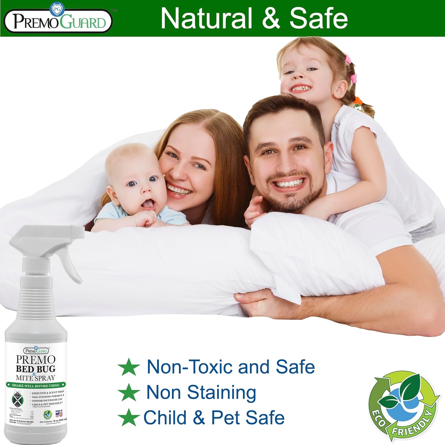 Premo Guard Bed Bug Killer Spray 16 oz - University Tested 100% Kill Rate - Natural Non Toxic, Stain Scent Free - Kill Bedbugs Mites On Bed Blankets, Furniture, Clothing - Child Pet Safe