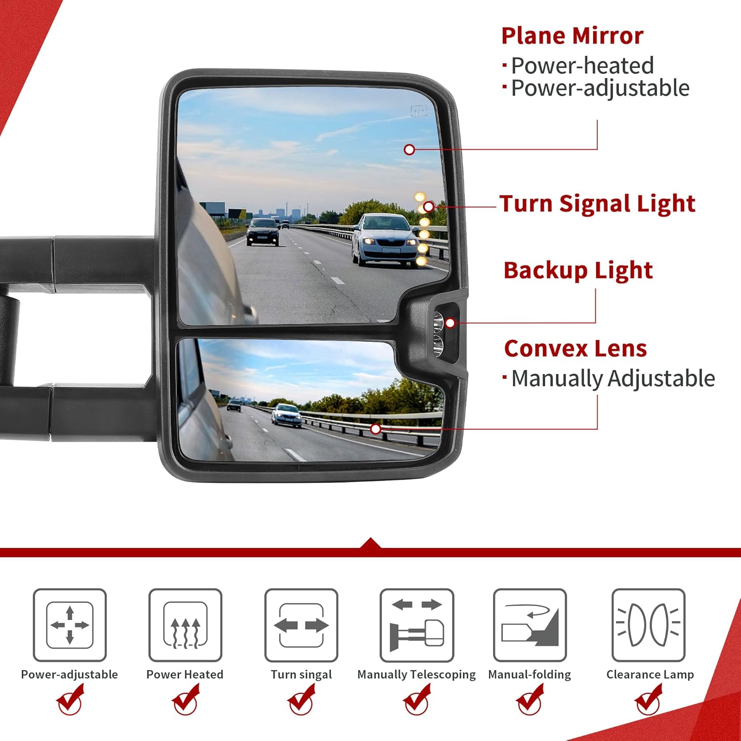 YITAMOTOR Towing Mirrors Compatible with 2007-2014 Silverado Sierra 1500 2500 3500 HD/Avalanche/Suburban, Power Heated Manually Folding Switchback Turn Signal Light Running Lights (Black inside)