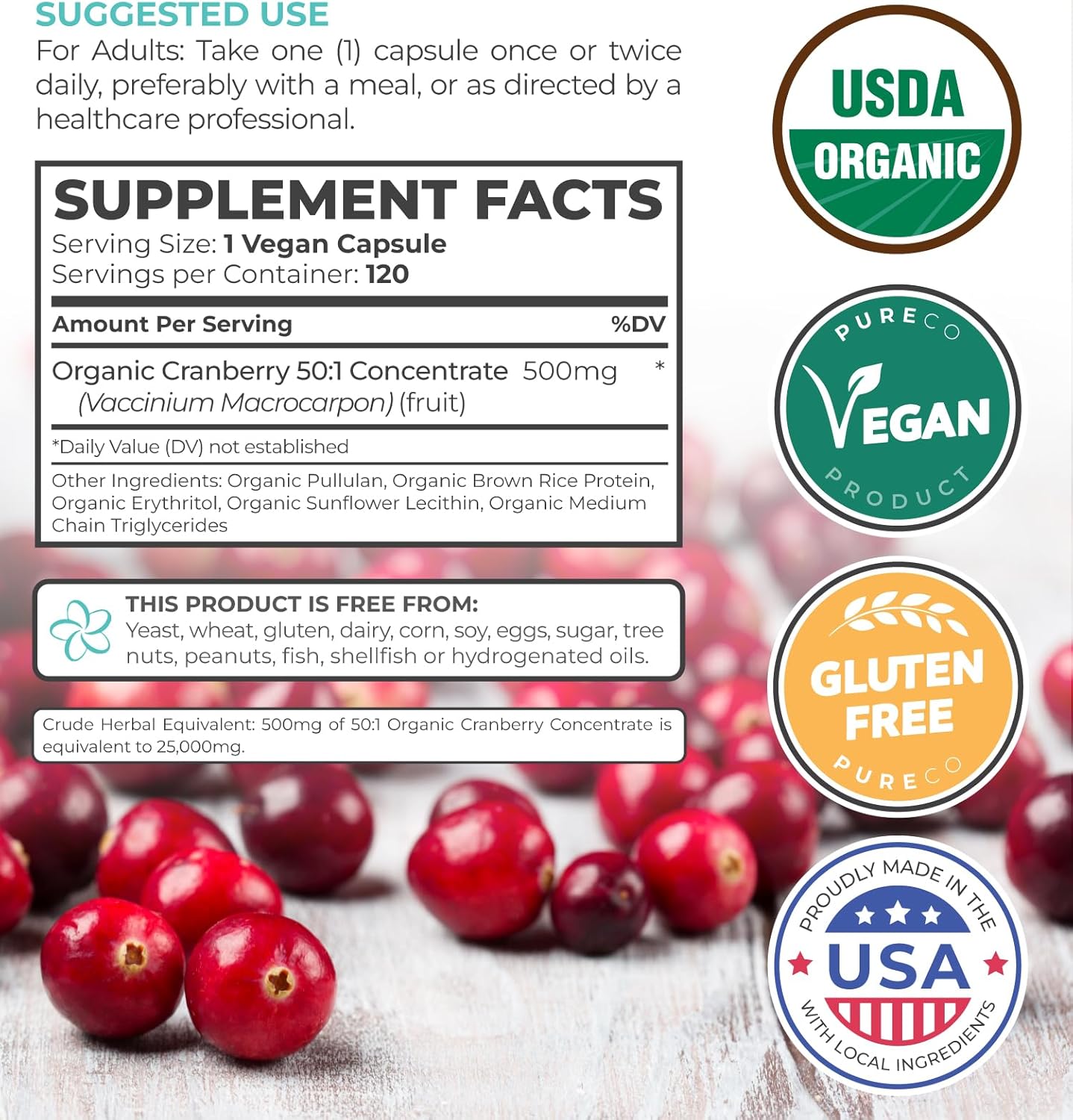 Organic Cranberry Extract Capsules - Super 50X Potency Cranberry Pills for Women to Support Urinary Tract Bladder and Kidney - Vegan Non-GMO USDA Organic North American Sourced (4 Month Supply)