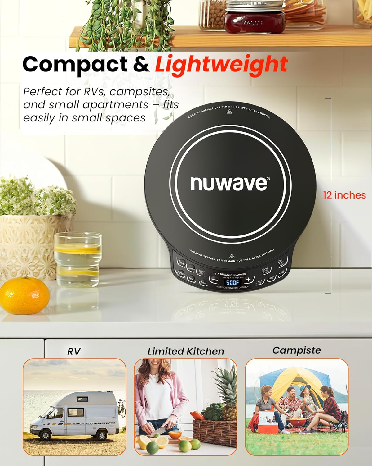 Nuwave Portable Induction Cooktop Diamond with Probe, Advanced Countertop Burner, 91 Temps from 100¡ãF to 500¡ãF, 12¡±Shatter-Proof Ceramic Glass & 6.5¡±Heating Coil, Ideal for RV Camp,Small Apt,Travel