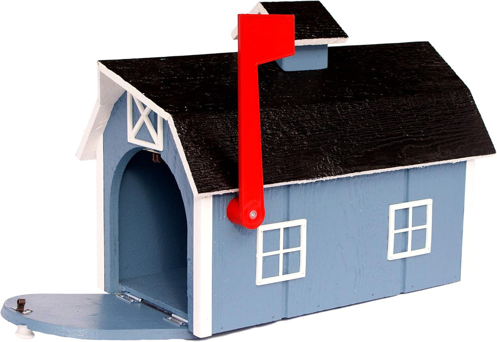 AmishToyBox.com Deluxe Wooden Mailbox, Dutch Barn Style (Country Blue with White Trim)