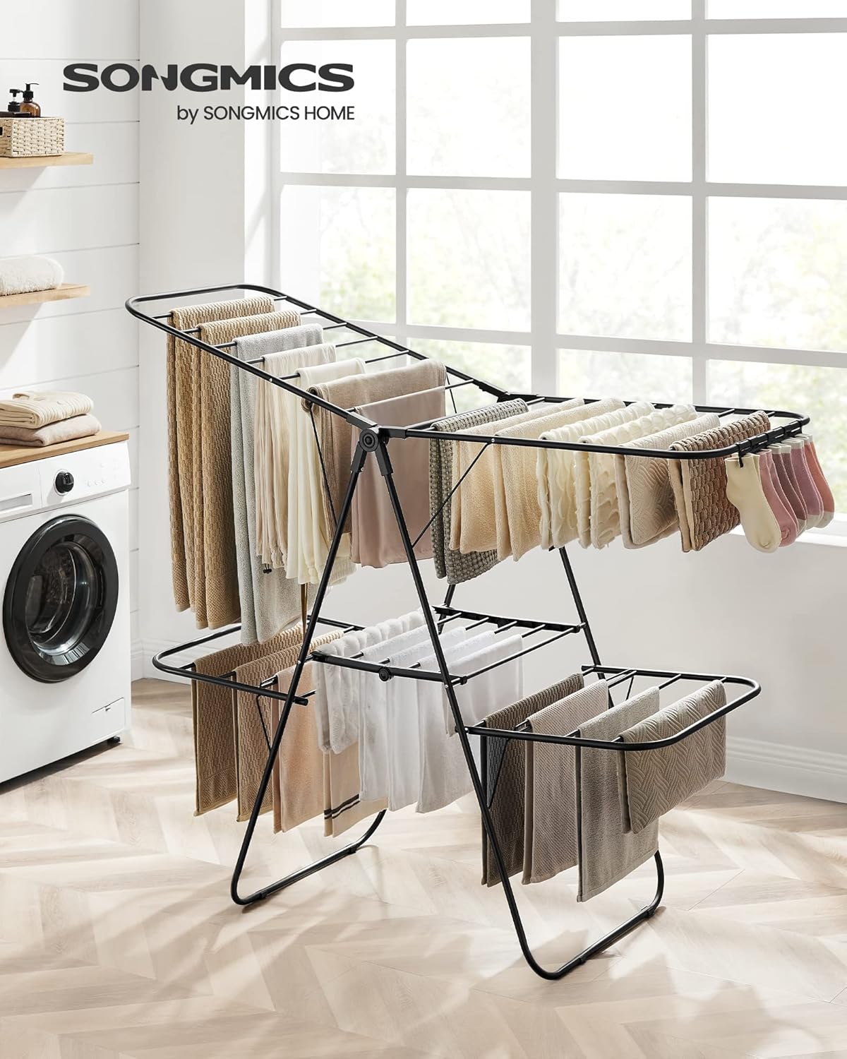 Clothes Drying Rack, Foldable 2-Level Laundry Drying Rack, Free-Standing Laundry Airer, with Height-Adjustable Wings, 33 Drying Rails, Sock Clips, Black ULLR053B01V1