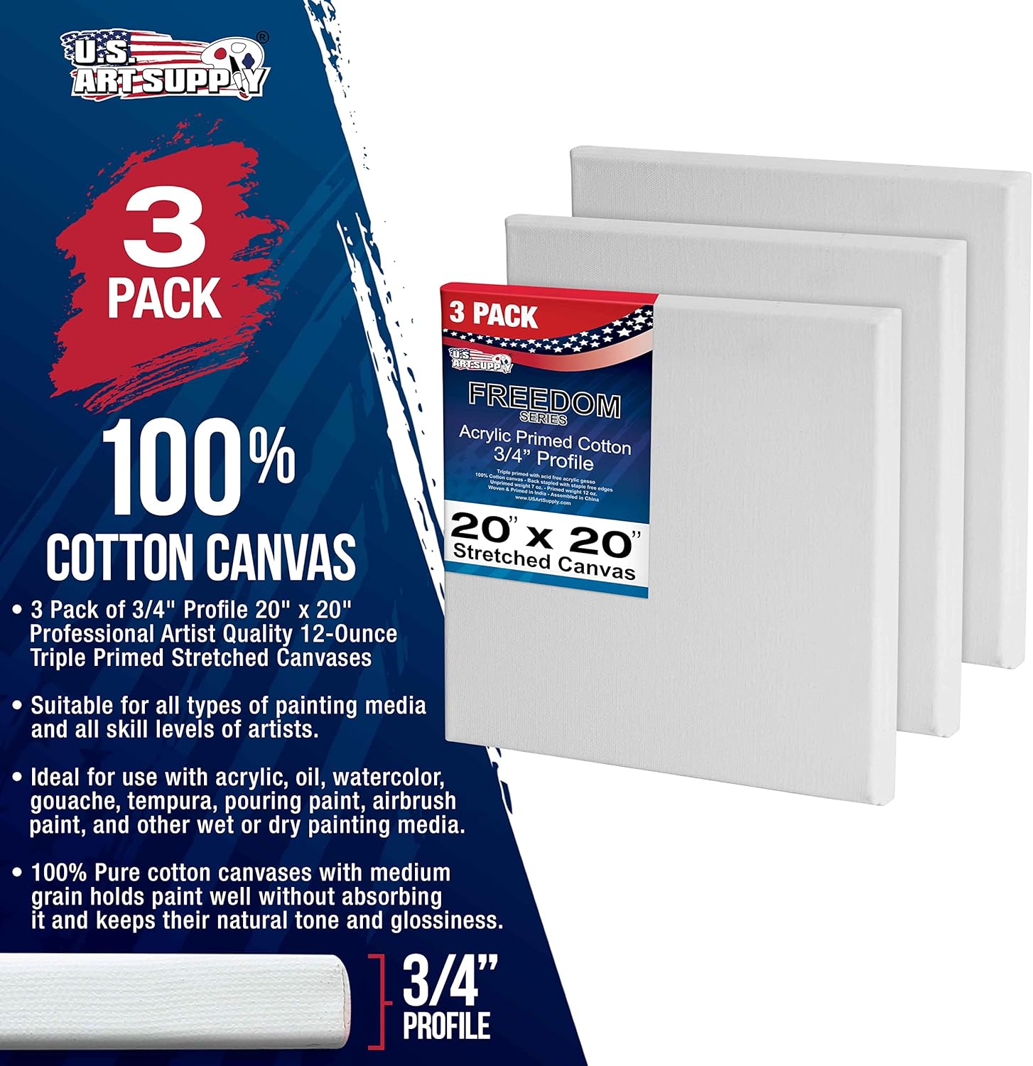 U.S. Art Supply 20 x 20 inch Stretched Canvas 12-Ounce Triple Primed, 3-Pack - Professional Artist Quality White Blank 3/4inch Profile, 100% Cotton, Heavy-Weight Gesso - Acrylic Pouring, Oil Painting