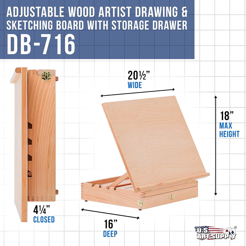 U.S Ar Suppl Larg 20-1/2inc 16inc Woode Drawin Board Adjustabl Tabl To Ease fo Paintin an Drawin Draftin Boar wit Angles T-Square Penci Ledge Lockin Storag Drawer
