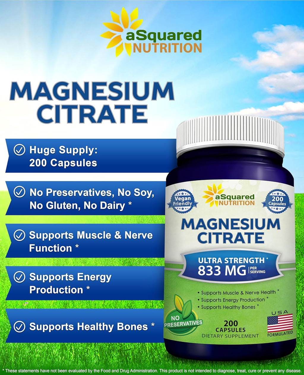 aSquare Nutritio Magnesiu Citrat 833m Supplemen 20 Capsule Ma Strengt Vega Ma Citrat Powde Pill t Suppor Pur Functio o Muscles Hear Bone Help Increas Energy