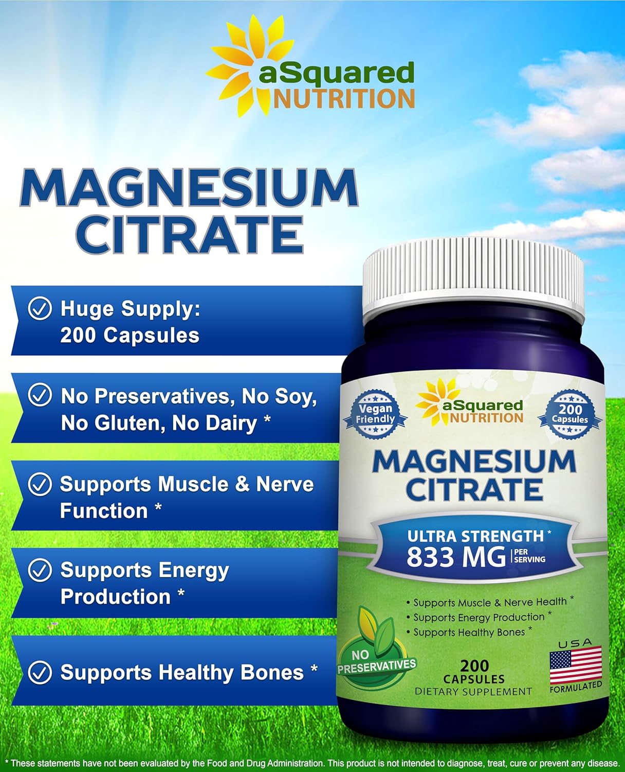 aSquare Nutritio Magnesiu Citrat 833m Supplemen 20 Capsule Ma Strengt Vega Ma Citrat Powde Pill t Suppor Pur Functio o Muscles Hear Bone Help Increas Energy