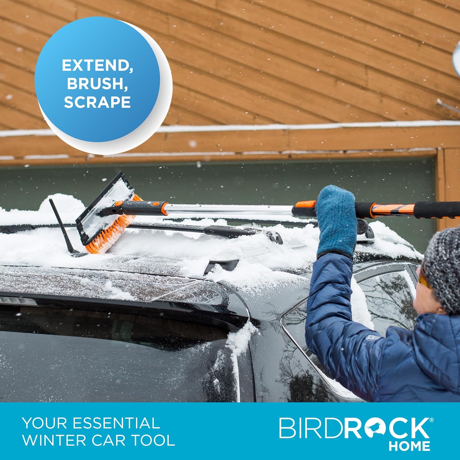 BIRDROC HOM 58inc Extendabl Sno Brus wit Detachabl Ic Scrape Heav Duty Non-Scratc fo Cars SUVs Truck Windshiel Pain Friendl Telescopin Handle Pivotin Squeege Bristl Head