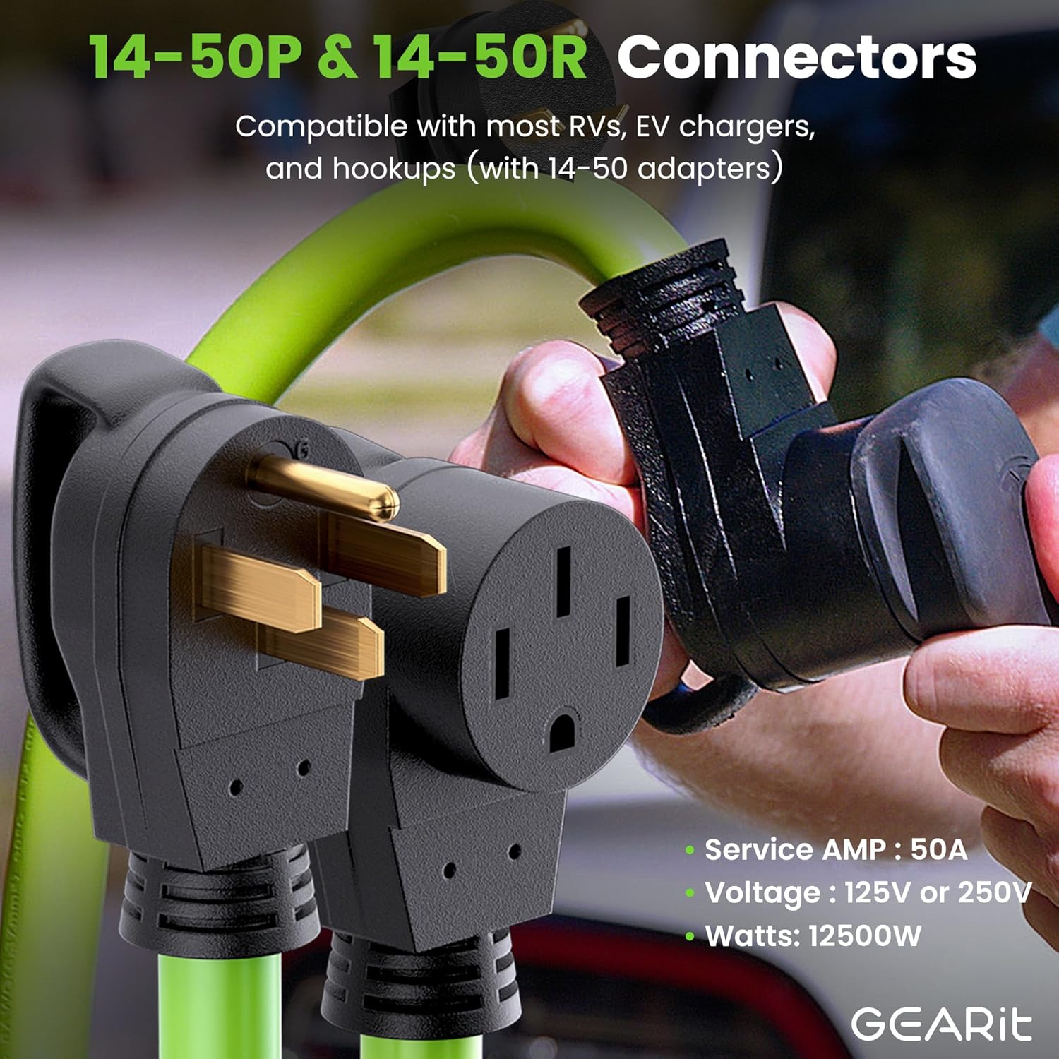 GEARit 50-Amp Extension Cord for RV & EV, 250-Volt, 4-Prong, Compatible with Tesla Models, NEMA 14-50P to 14-50R 6/3, 8/1 STW AWG Gauge, Waterproof, 75 ft, Green