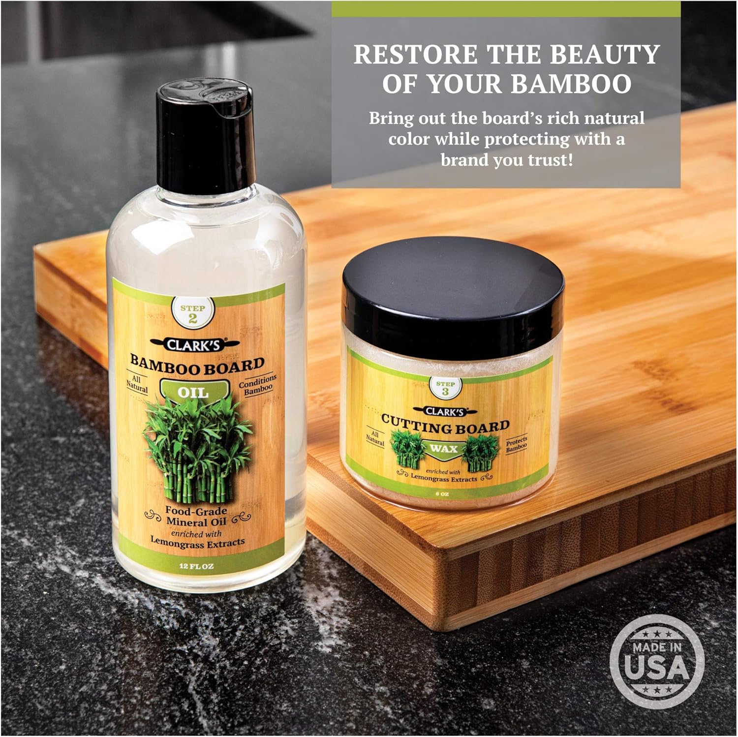 CLARK'S Food Grade Mineral Oil (12oz) and Carnauba Wax (6oz) Set - 100% Natural Butcher Block Oil and Cutting Board Wax - Food Safe Beeswax and Wood Cutting Board Oil with Lemongrass Extract
