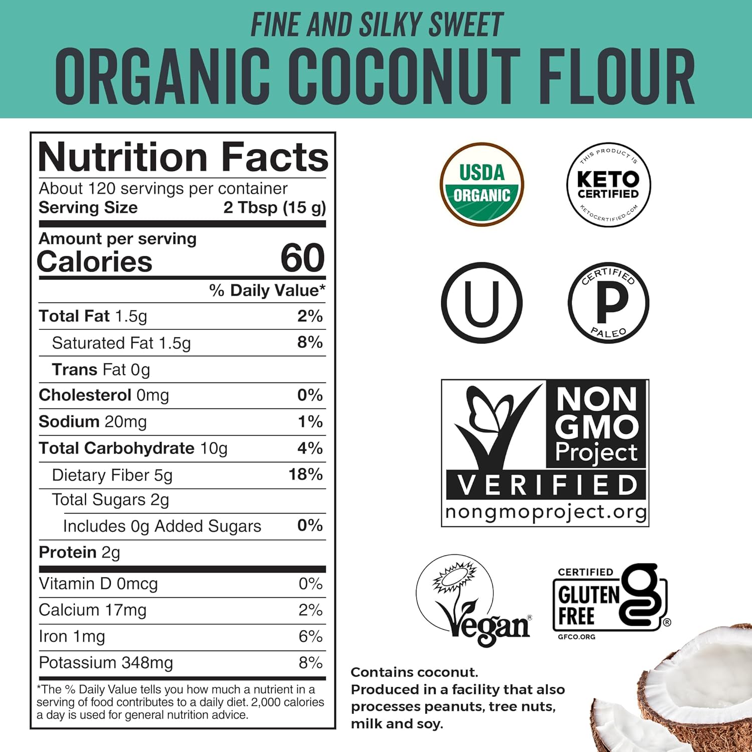 Viv Natural Organi Coconu Flour lb (1.8 kg Glute Fre Flou fo Keto Pale Vega Baking Goo Sourc o Fiber Lo Fat Non-GMO Unbleache Unrefined