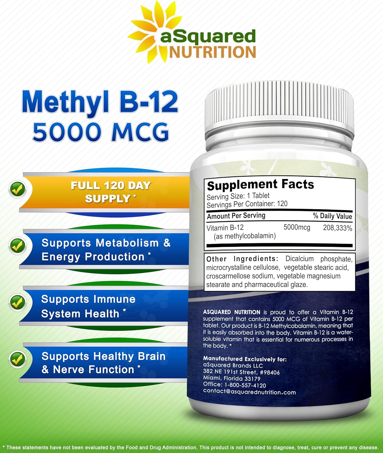 aSquare Nutritio Vitami B12-500 MC Supplemen wit Methylcobalami (Methy B-12 Ma Strengt Vitami 1 Suppor t Hel Boos Natura Energy Benefi Brai Hear Functio 12 Tablets