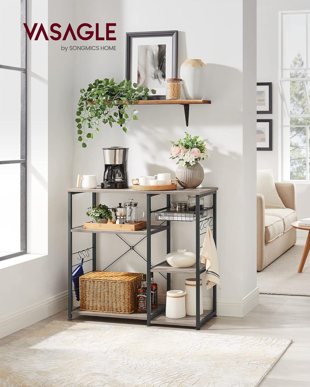 ALINRU Kitchen Baker¡¯s Rack, Coffee Bar, Microwave Oven Stand, with Steel Frame, Wire Basket, 6 Hooks, for Mini Oven, Spices Utensils, Industrial, Heather Greige and Ink Black UKKS090B02