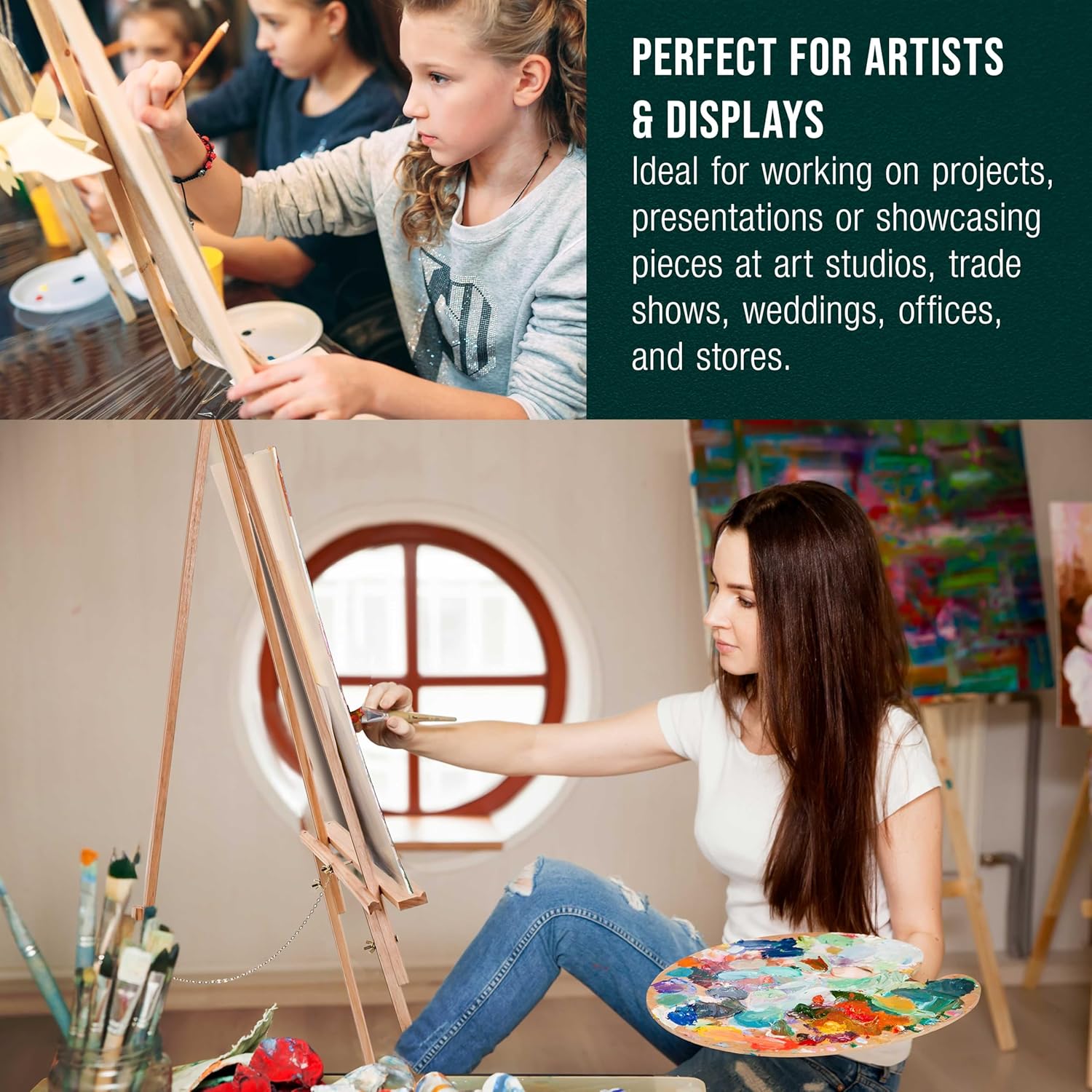 U.S. Art Supply 64inch Wooden Easel Stand (4 Pack) - Adjustable A-Frame Tripod for Painting, Drawing, Photos & Signs - Lightweight Easels, Wood Easel Stand for Sign Wedding Display 40inch Canvas Capacity