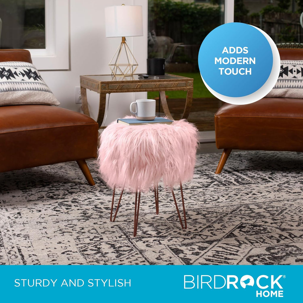 BIRDROCK HOME Pink Faux Fur Vanity Stool Chair - Soft Furry Compact Padded Seat - Vanity, Living Room, Bedroom and Kids Room Chairs - Hair Pin Metal Legs Upholstered Decorative Furniture Foot Rest