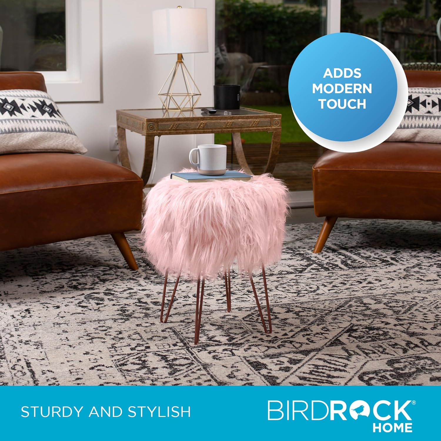 BIRDROCK HOME Pink Faux Fur Vanity Stool Chair - Soft Furry Compact Padded Seat - Vanity, Living Room, Bedroom and Kids Room Chairs - Hair Pin Metal Legs Upholstered Decorative Furniture Foot Rest