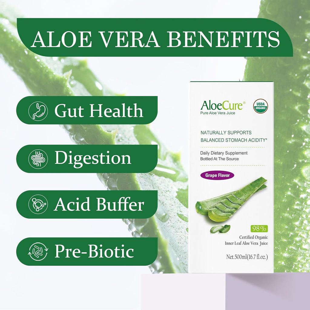 AloeCure USDA Organic Aloe Vera Juice Grape Flavor, Made Within 12 Hours of Harvest - Pure Aloe Vera Digestive & Immune Health Supplement, Helps Maintain Balanced Stomach Acidity, 16.7oz Bottle
