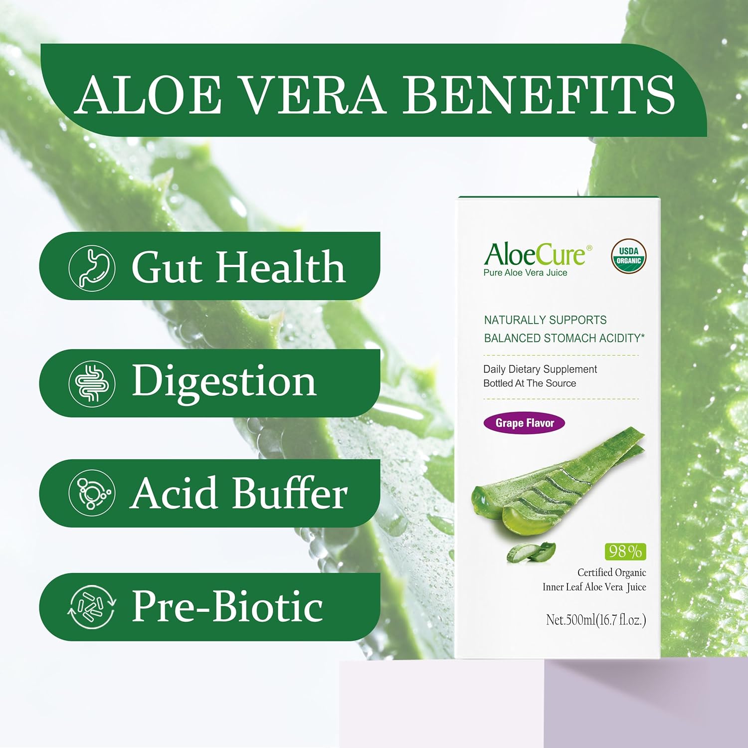 AloeCure USDA Organic Aloe Vera Juice Grape Flavor, Made Within 12 Hours of Harvest - Pure Aloe Vera Digestive & Immune Health Supplement, Helps Maintain Balanced Stomach Acidity, 16.7oz Bottle