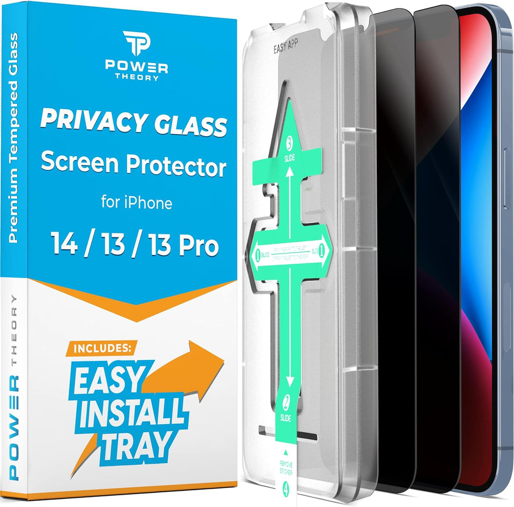 Power Theory Privacy Screen Protector for iPhone 14, iPhone 13, iPhone 13 Pro Tempered Glass Anti Spy protection with Easy Install Tray