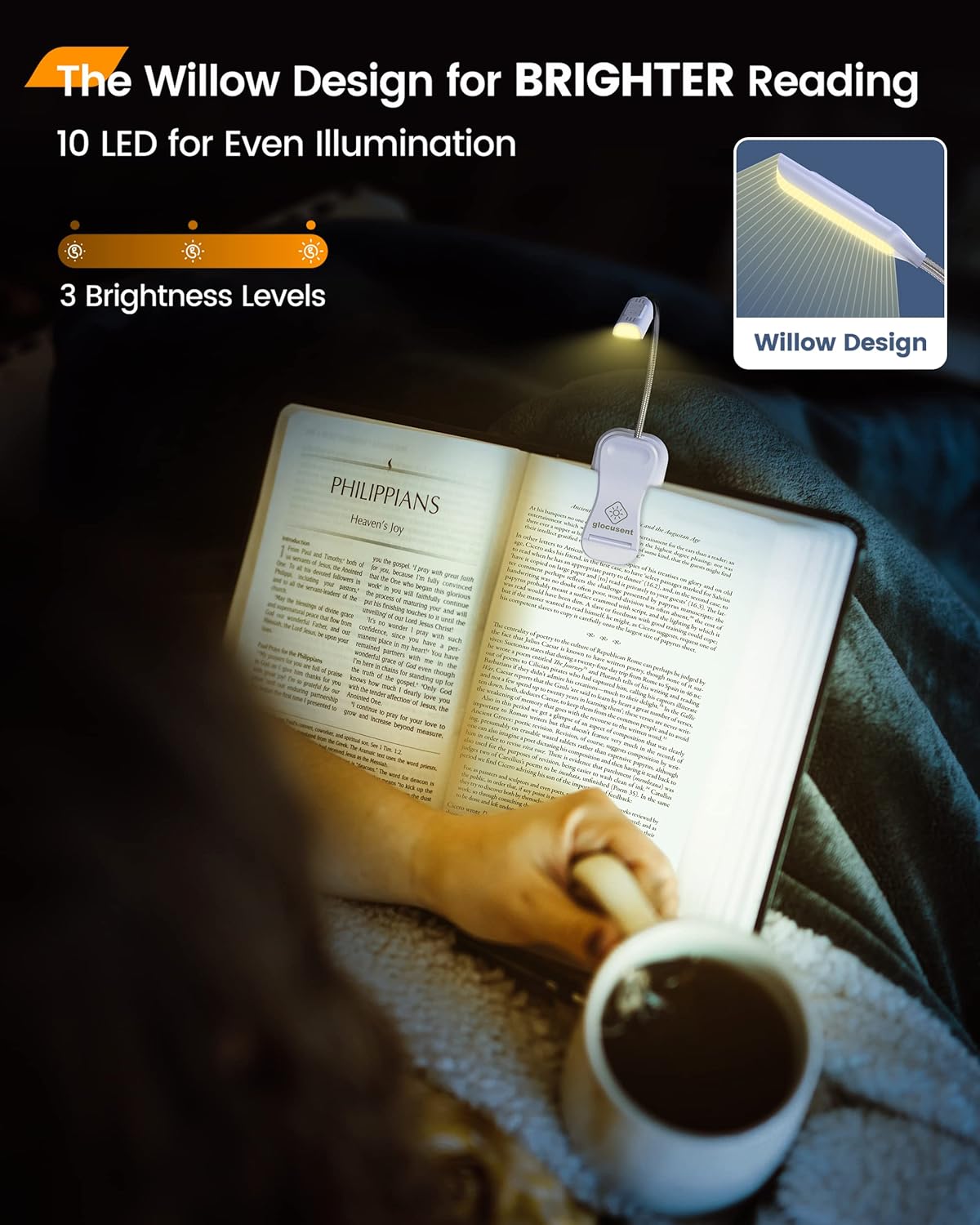 Glocusent Willow Book Light for Reading in Bed, 10LED Bright Reading Light, 3 Colors 3 Brightness, Rechargeable ,Lasts for 80hr, Lightweight Clip on Book Light, Perfect for Book Lovers