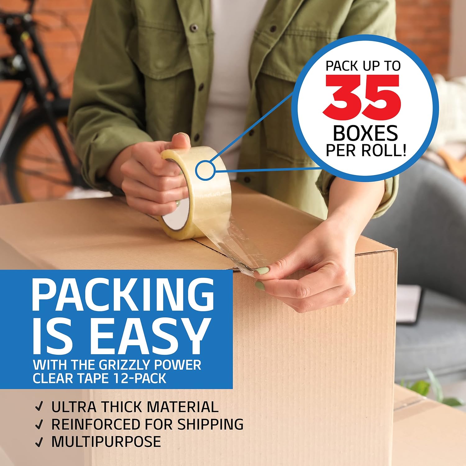 Grizzly Power Clear Packing Tape (12 Rolls) | Heavy Duty Packing Tape (2 Inch x 65 Yards) | 2.8mil Thick Strong Adhesive for Moving Boxes, Shipping Cartons, Office Use, Storage Wrapping (780 Yards)