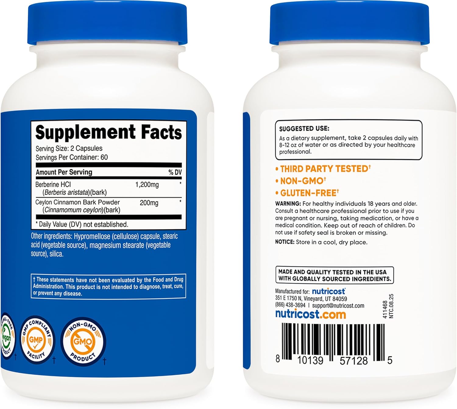 Nutricos Berberin HC wit Ceylo Cinnamo Capsule (12 Capsules 6 Servings Non-GMO Animal-Fre Product