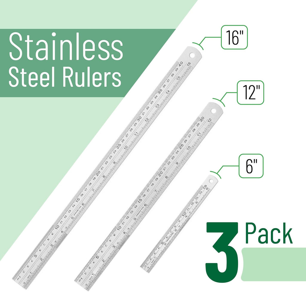 Stainless Steel Ruler, 3 pcs, 6inch, 12inch, 16inch, Imperial Metric Measurements, Metric Metal Ruler Set, Metal Rulers
