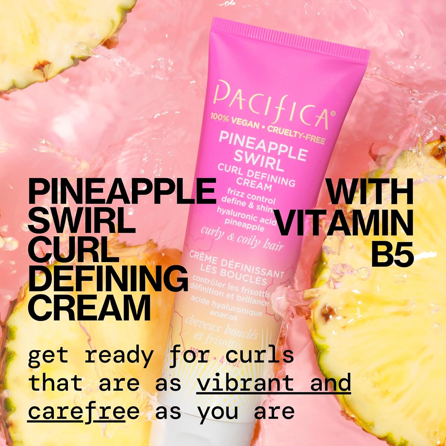 Pacifica Pineapple Swirl Curl Defining Cream ¨C Curl Cream for Curly Hair, Curly Hair Products with Coconut Oil and Hyaluronic Acid, Styling for Bouncy Waves Without Crunch - 4 Oz