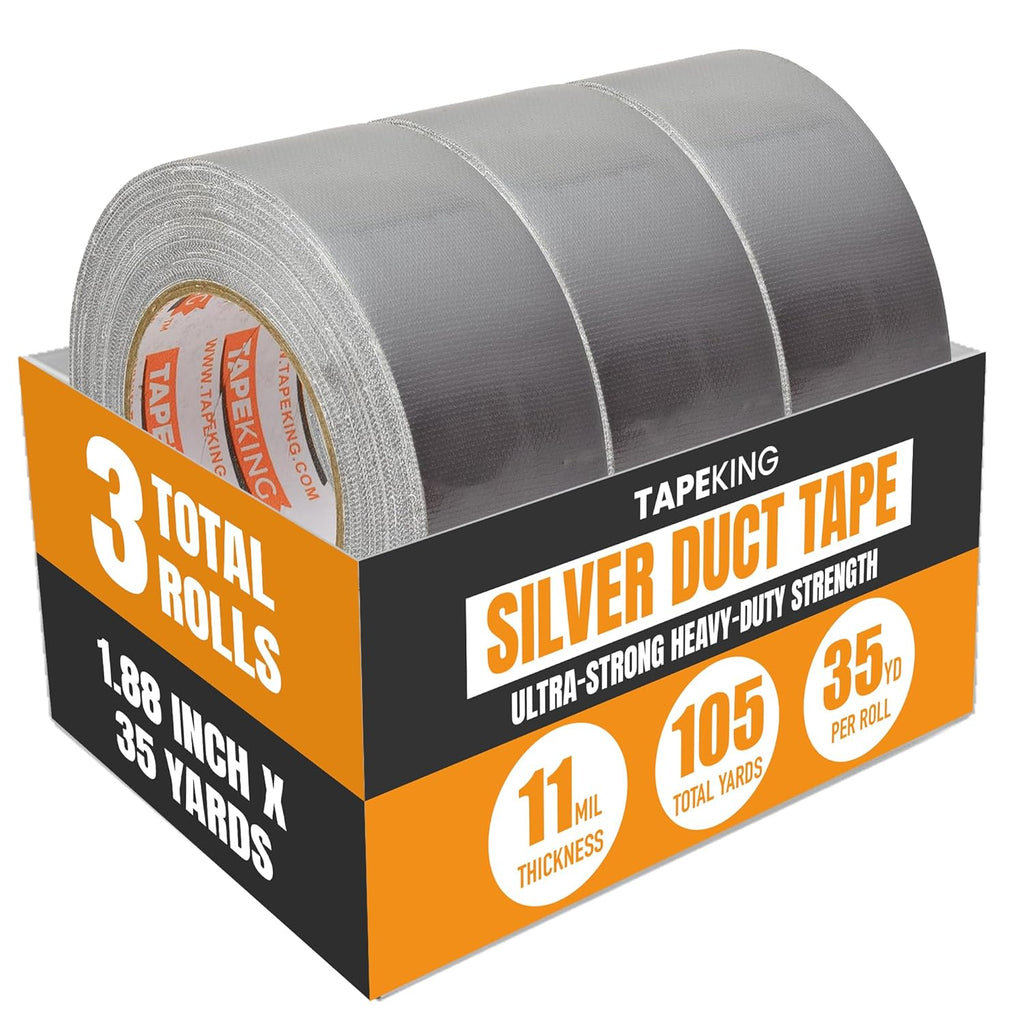 Tape King Silver Duct Tape Heavy Duty | Versatile Packing Tape 1.88 Inch x 35 Yards | Waterproof Tape Roll for Home Improvement, Office Use, Wrapping, Sealing, Crafting and General Repairs (3 Pack)