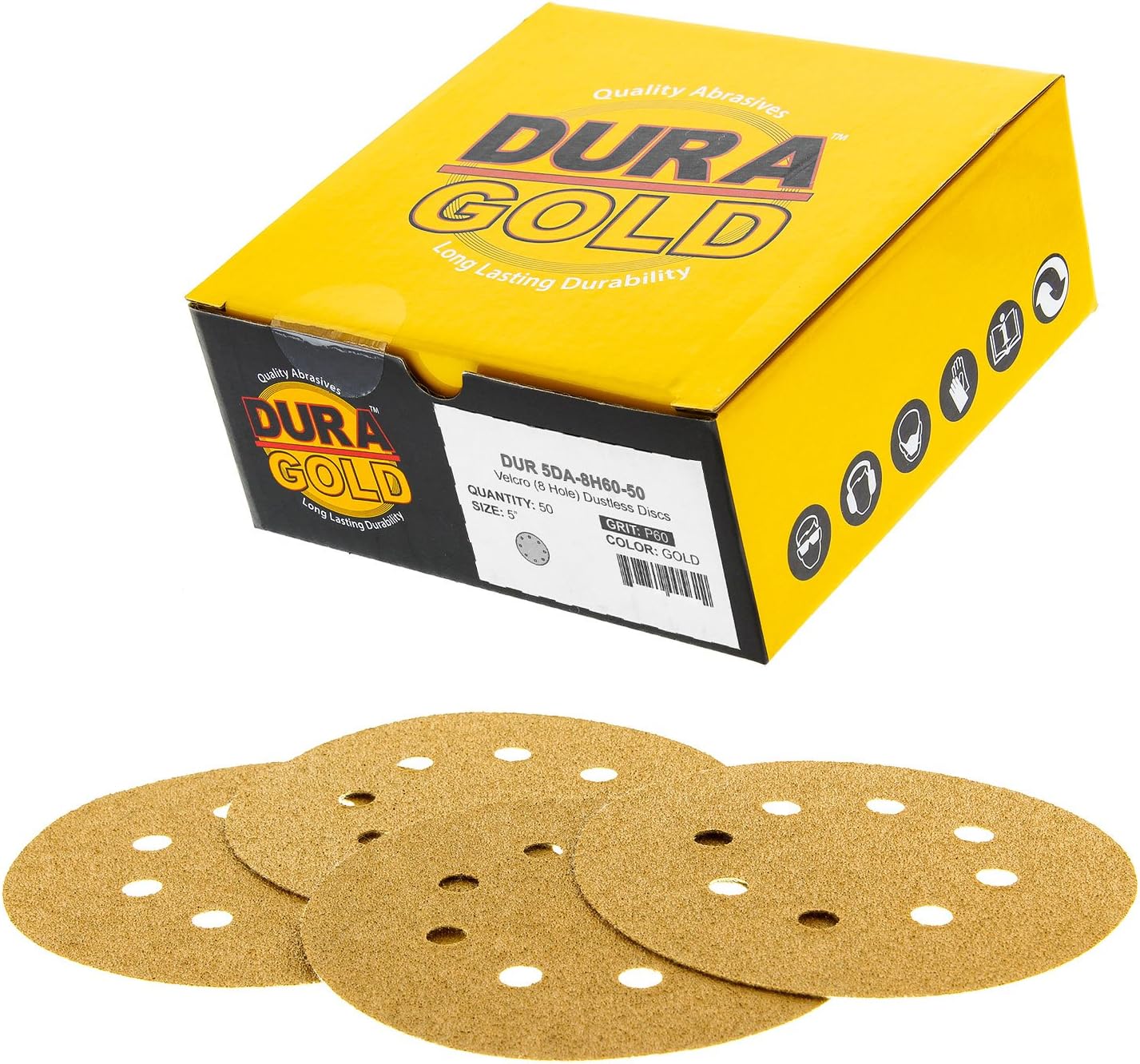 Dura-Gold Premium 60 Grit 5inch Sandpaper Discs, 8 Hole Pattern Dustless, 50 Discs - Hook Loop Backing for Orbital DA Sander, Detailing Finishing Color Sanding Automotive Paint Woodworking