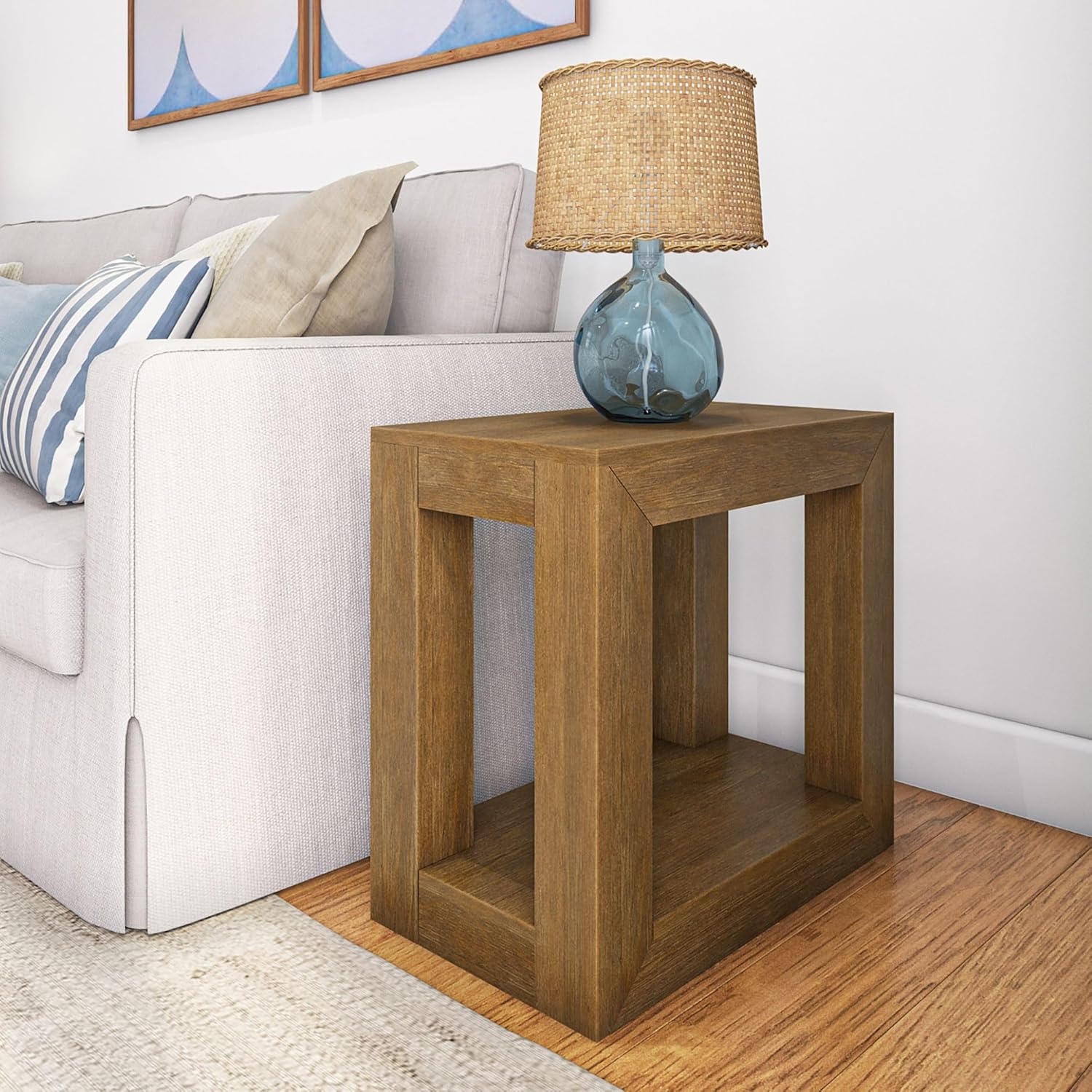 Plank+Beam Modern Rectangular Side Table with Shelf, 25inch, Solid Wood Narrow End Table for Living Room with Storage, Compact Bedside Table for Small Spaces, Pecan Wirebrush