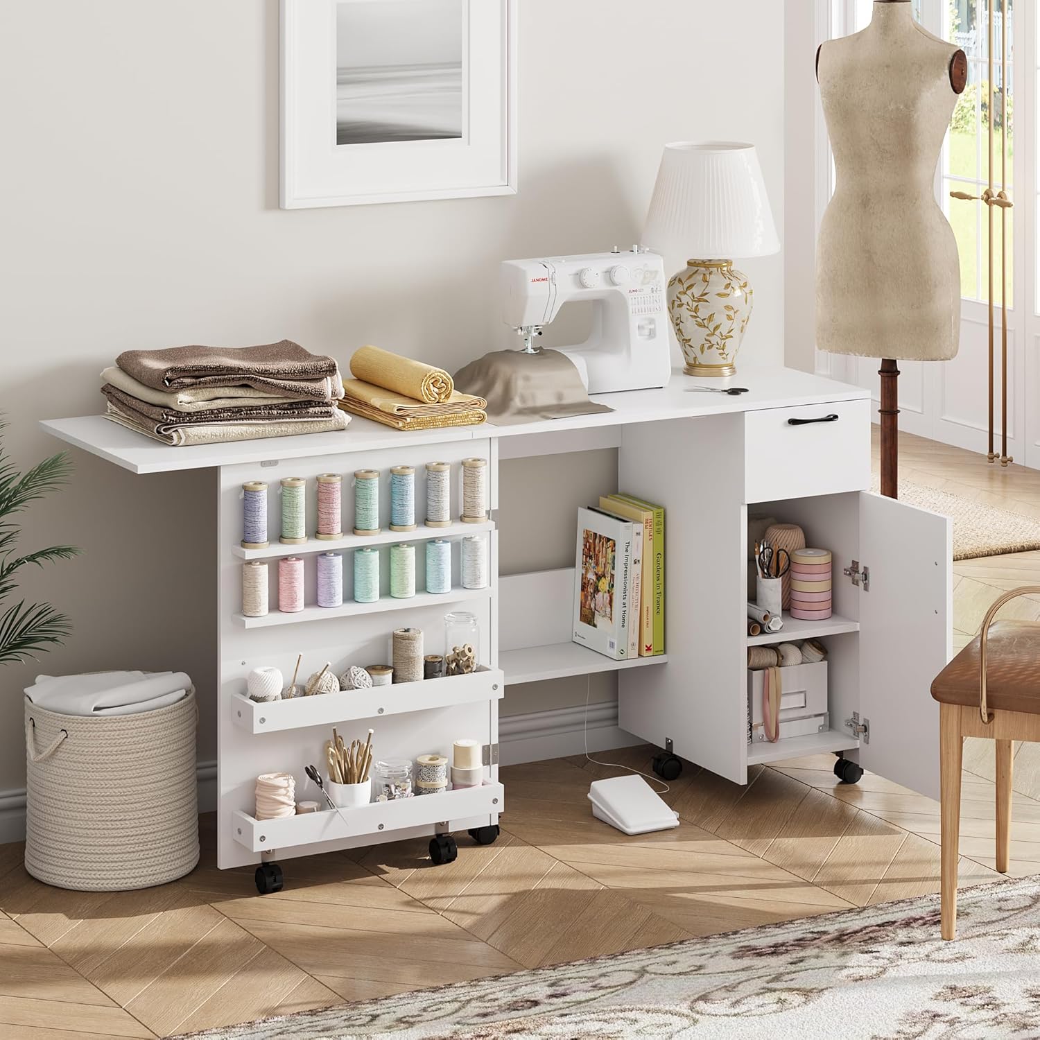 GarveeHom Larg Foldin Sewin Table Multipurpos Craf Tabl wit Storage Craf Car wit Slidin Drawer Sewin Cabine wit Storag Shelves