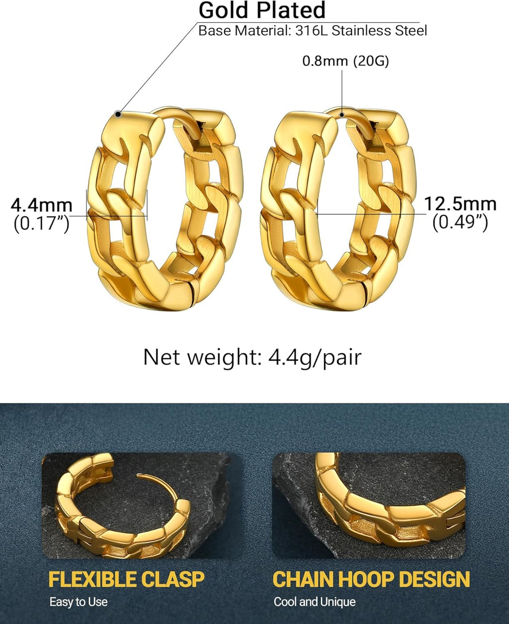 Chunky Hoop Earrings for Men Women, Skull/Infinity Pattern, Spike/Cuban Links 4 Design Options, Black/18K Gold Plated 316L Stainless Steel, Lightweight Earrings, Come Gift Box