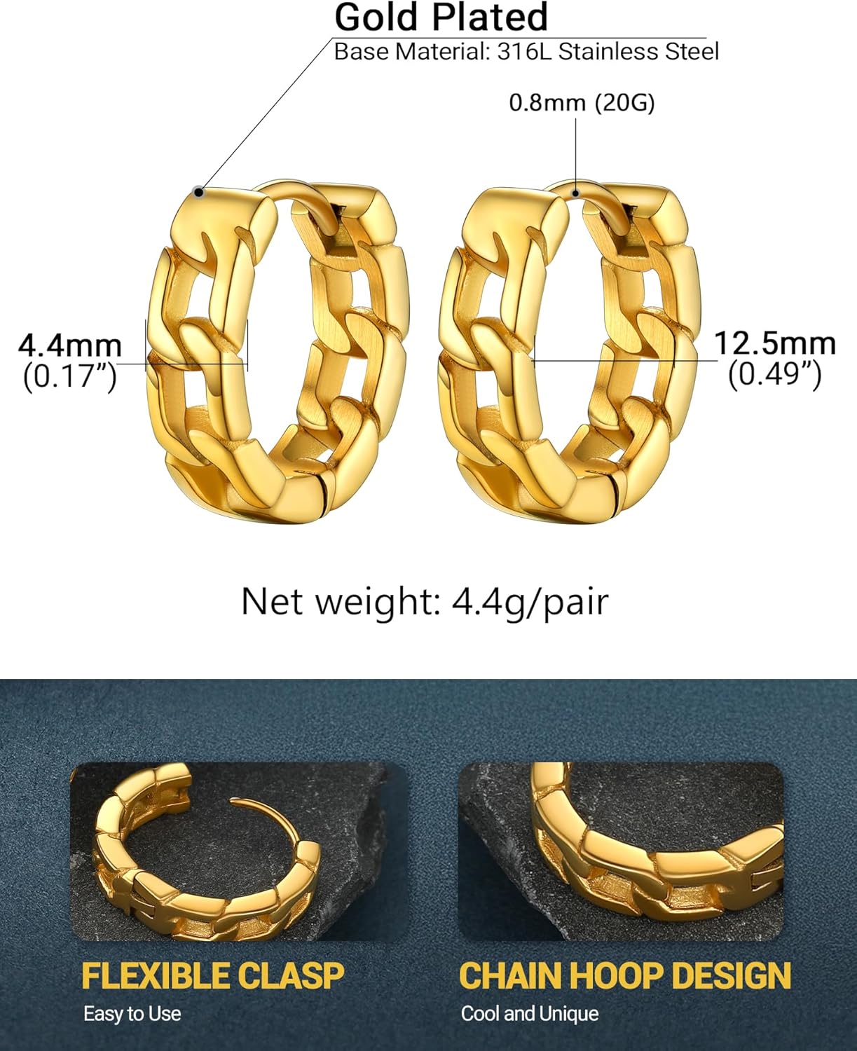 Chunky Hoop Earrings for Men Women, Skull/Infinity Pattern, Spike/Cuban Links 4 Design Options, Black/18K Gold Plated 316L Stainless Steel, Lightweight Earrings, Come Gift Box