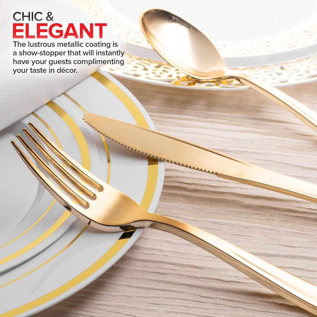 Pre Rolled Plastic Silverware Sets for Parties (25 Pack) Gold Cutlery Set, Disposable Spoons, Forks, Knives, Napkins Prewrapped, Heavy Duty Utensils Individually Wrapped for Wedding, Thanksgiving