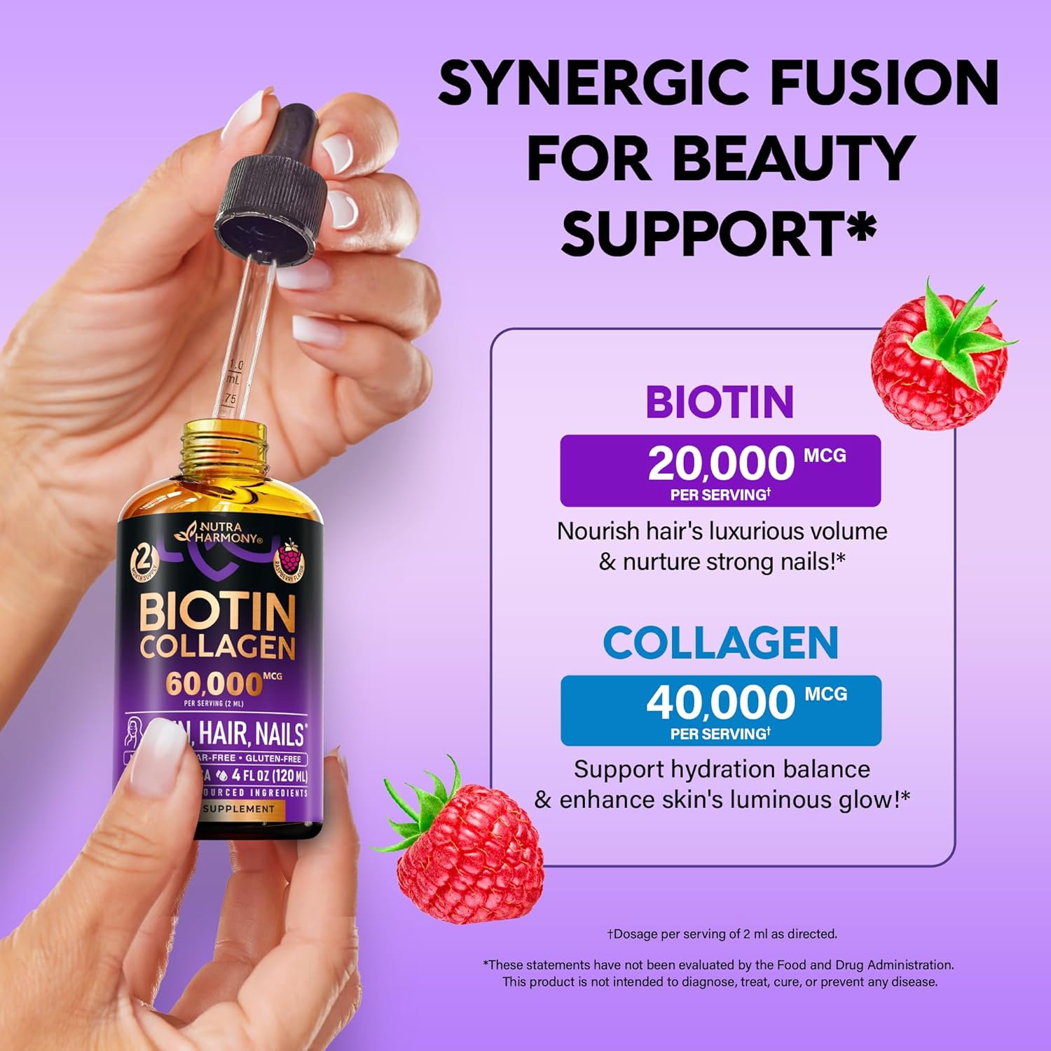 Liquid Biotin Collagen 60,000 mcg - Vitamins for Hair Growth Support - Extra Strength Drops for Women Men - Liquid Collagen Supplement - Strong Nails Healthy Skin - Made in USA - 4 Fl Oz