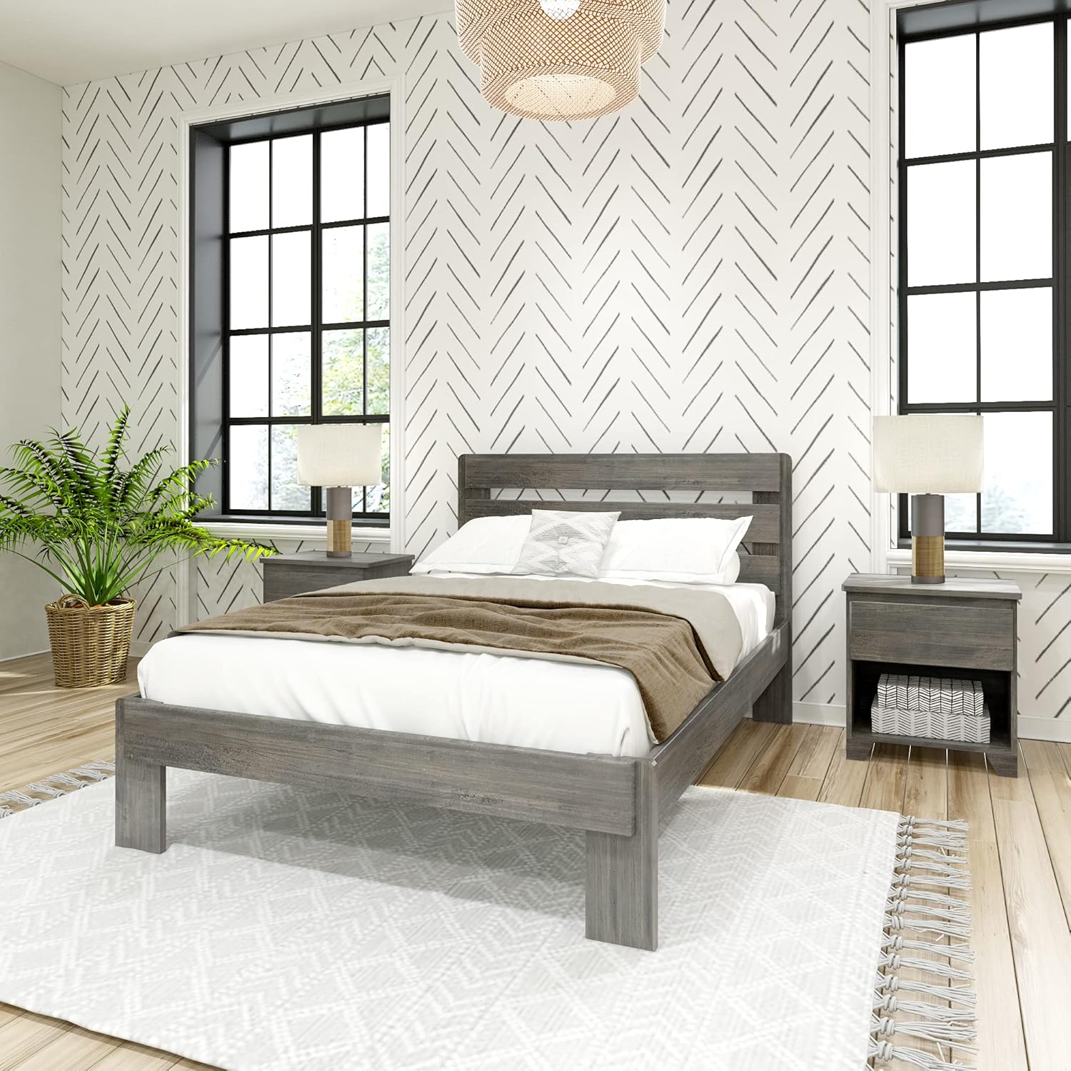 Max & Lily Modern Farmhouse Platform Bed with Plank Headboard, Full, Driftwood