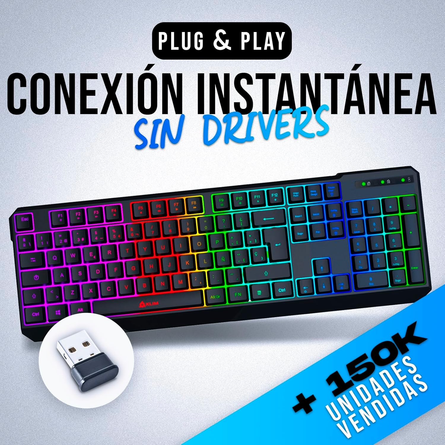 KLIM Chroma Wireless Spanish (Espa?a) Keyboard, RGB Backlit Wireless Keyboard, Rechargeable Battery, Quiet, Water-Resistant, Plug Play for PC, Mac, PS4/PS5