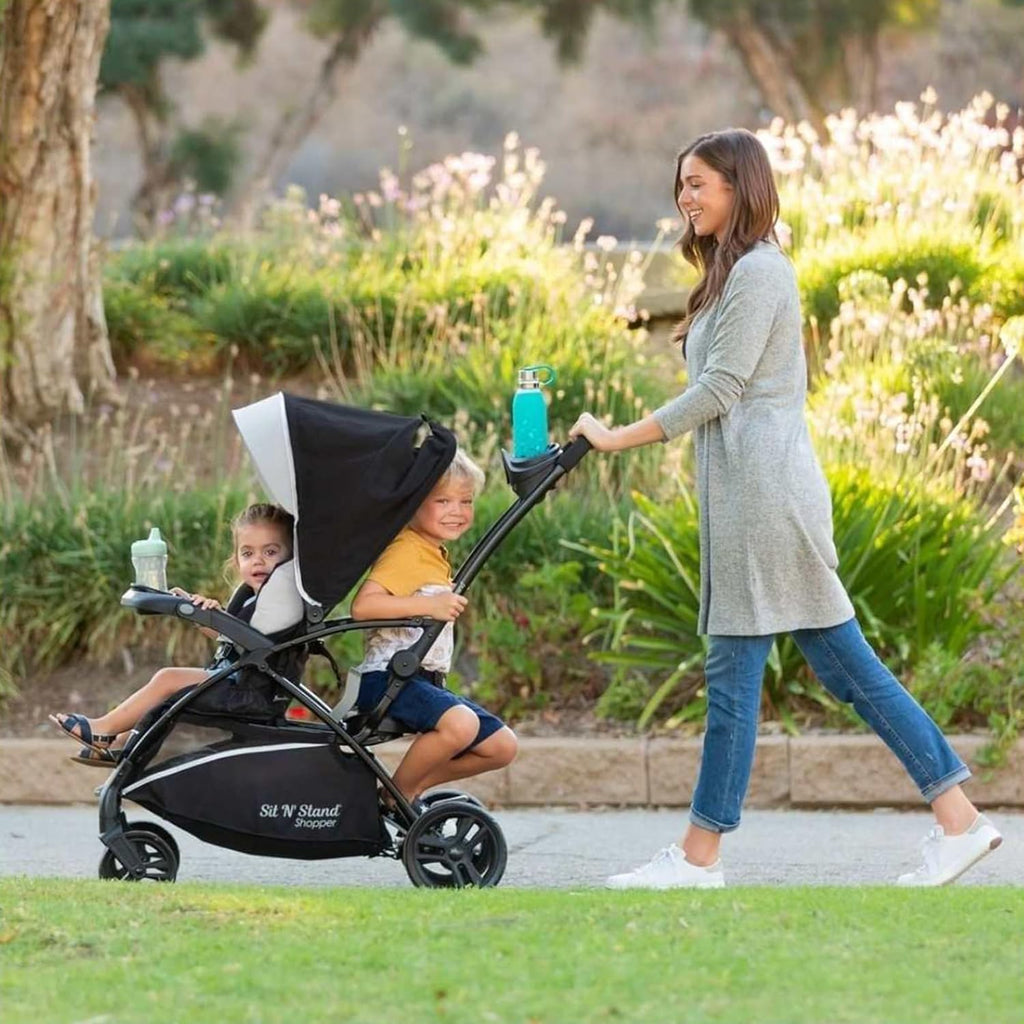 Baby Trend Sit N' Stand 5-in-1 Collapsible Shopper Stroller with Canopy, Visor, Extendable Storage Basket, Phone Tray, and 2 Cup Holders, Modern Khaki