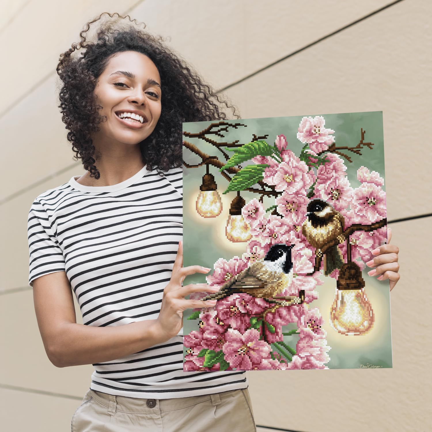 DIAMON DOT Cherr Blossom Chickadee Ar Craf Kit Partia Dril Roun Dot fo Adults