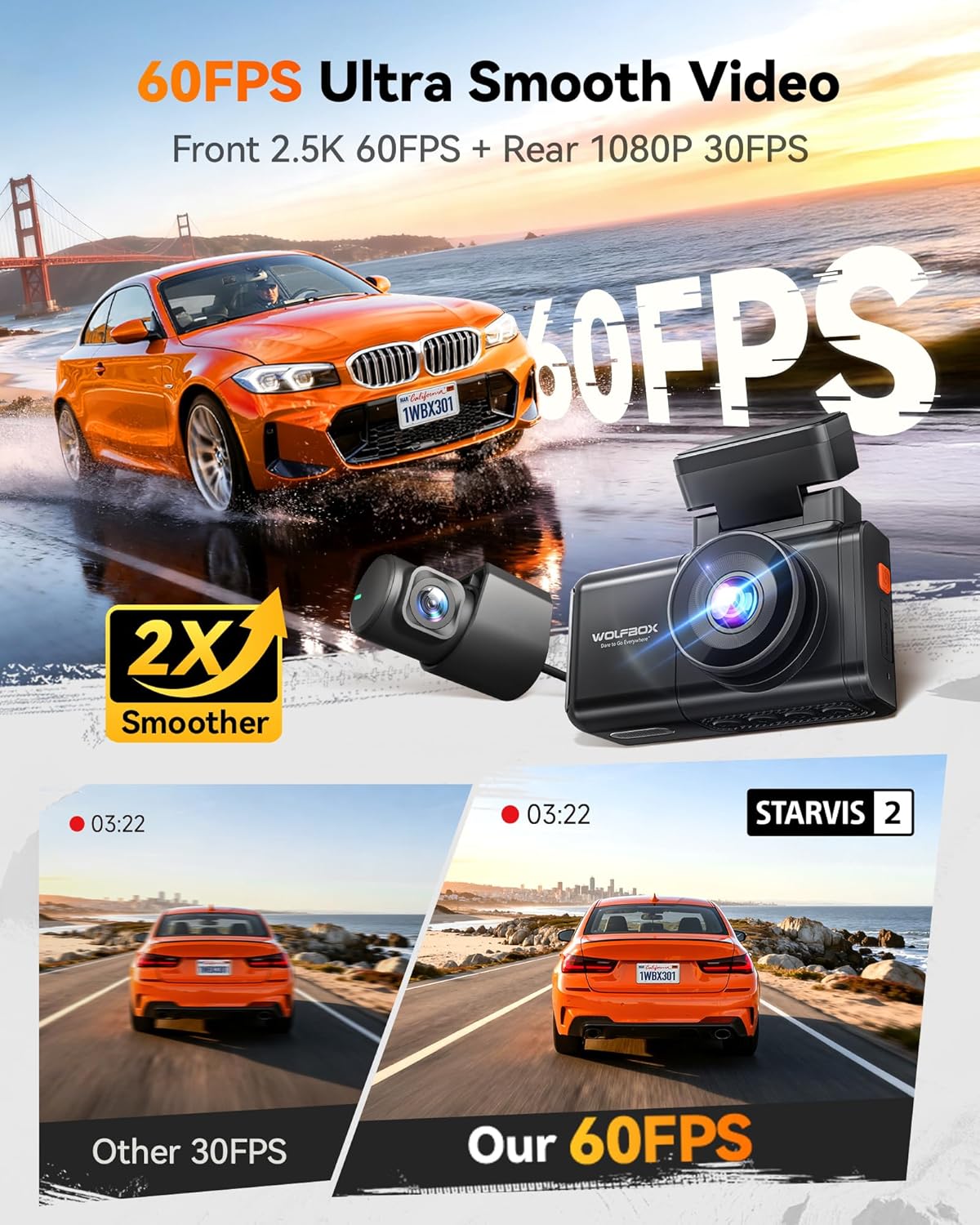 WOLFBO X 2.5 1440 60FP Das Camera STARVI IMX67 wit ADAS 1440P+1080 Dua Dashca Fron an Rea Camer 5M wit Built-i 5.8GH WiF GPS 64G Card Touc Screen G-Sensor Loo Record