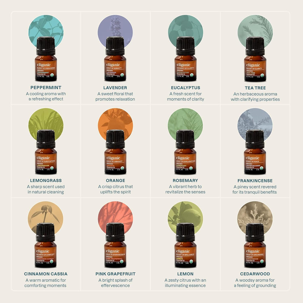 Cliganic Organic Aromatherapy TOP 12 Essential Oils Set, 100% Pure - Peppermint, Lavender, Eucalyptus, Tea Tree, Lemongrass, Rosemary, Frankincense, Orange, Lemon, Cassia, Cedarwood Grapefruit