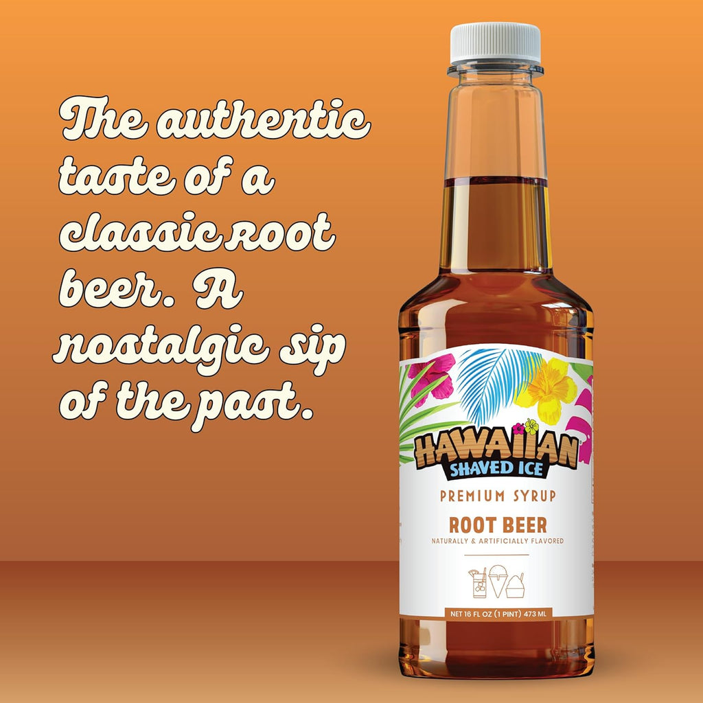 Hawaiian Shaved Ice Root Beer Syrup - Nut Soy Dairy Free - Flavor Fluffy Crunchy Snow Cones - Shelf Stable - Makes 8 Servings - 16 ounces