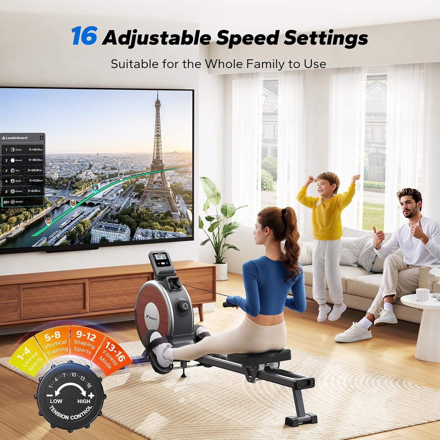 MERACH Rowing Machines for Home, Magnetic Rowing Machine with 16 Levels, Rower Machine of Quiet Resistance, Dual Slide Rail with Max 350lbs Weight Capacity, App Compatible