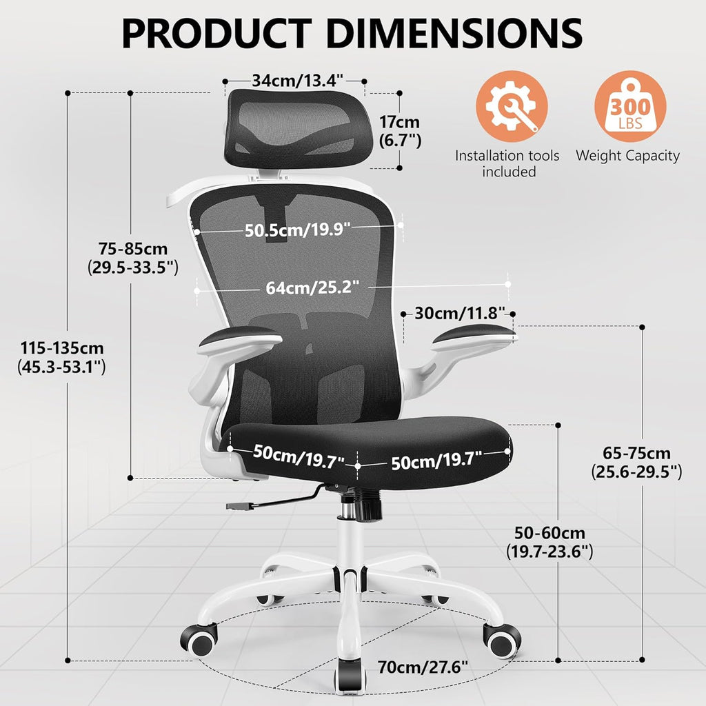 FelixKing Office Chair with Headrest, Ergonomic Desk Chair with Wheels, Task Swivel Comfy Chair with Adjustable Lumbar Support, Breathable Mesh Computer Chair with flip-up Armrests for Home (White)